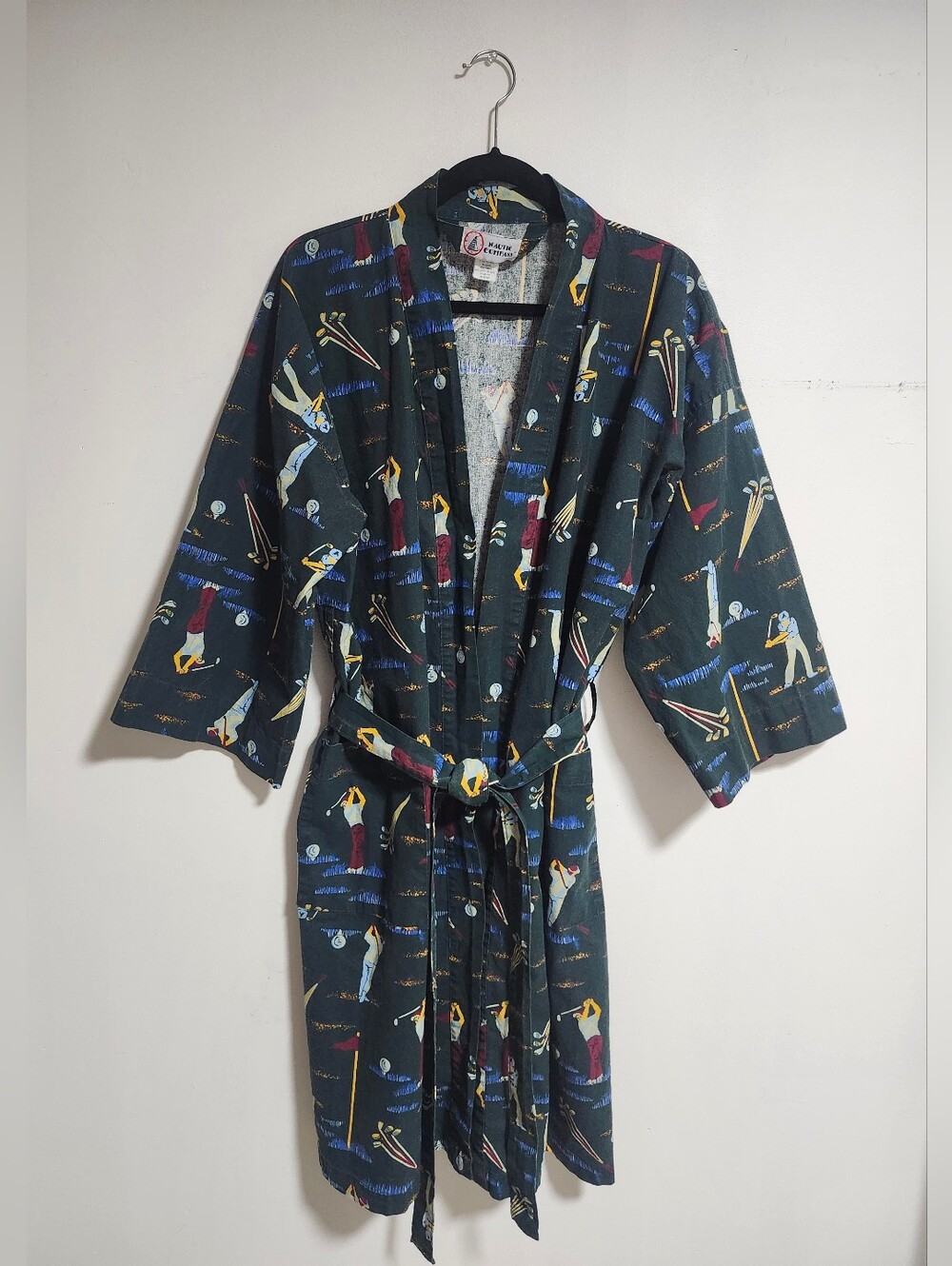 Vintage Men's Dark Green Patterned Yukata Golf Themed Robe with Belt
